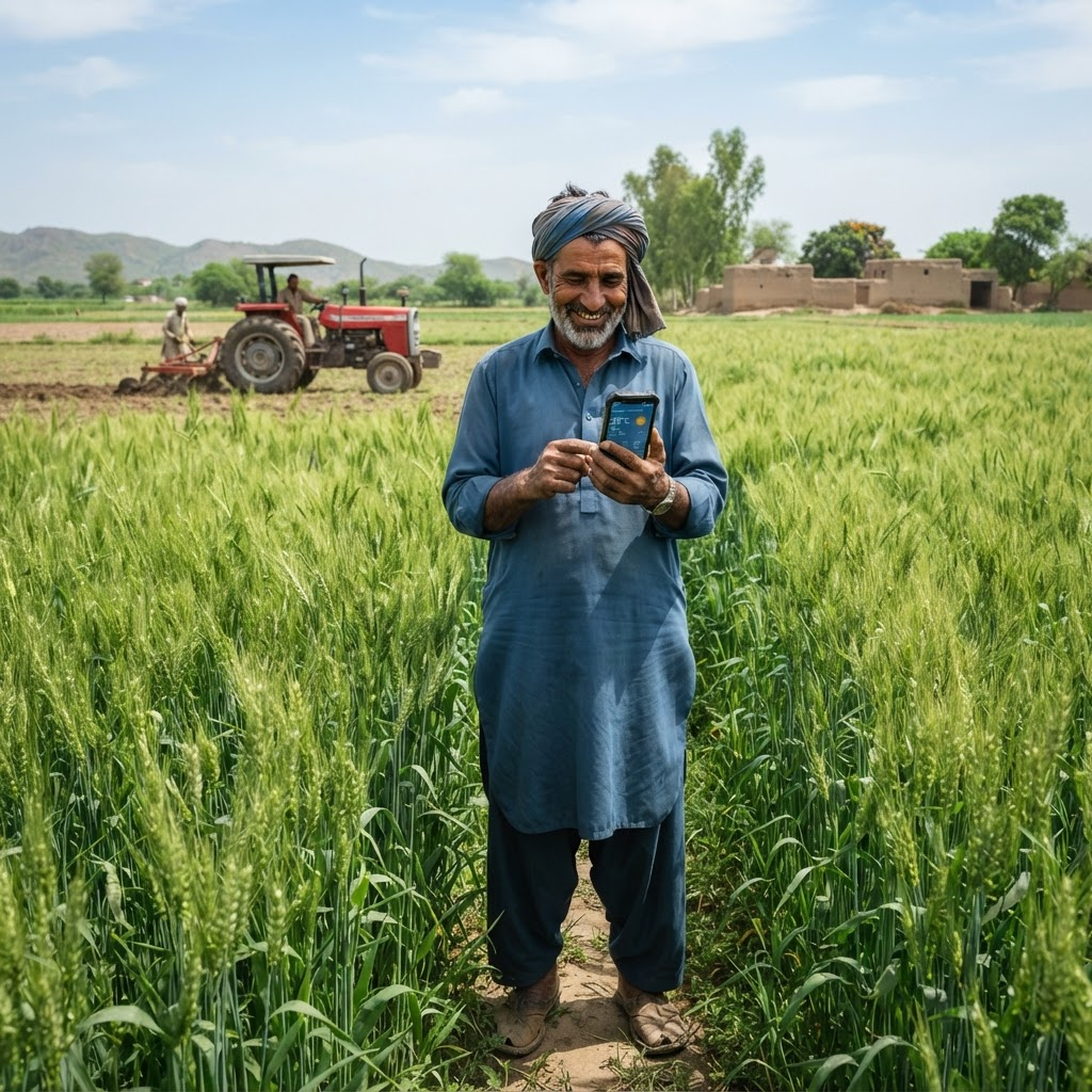 Farmers using a mobile AI climate bot app beside tractors on a rural road